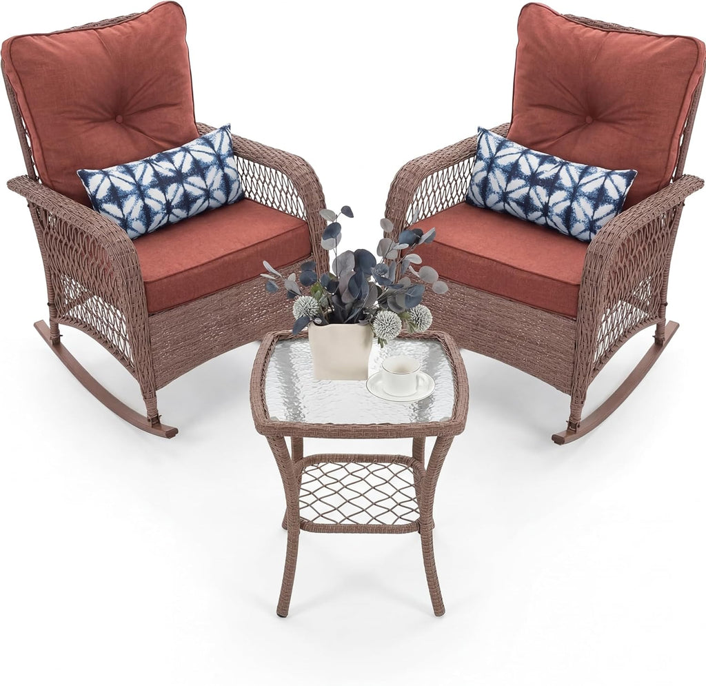 UDPATIO Rocking Chair Outdoor Set 2 with Coffee Table, 3 Piece Wicker Rocking Bistro Set with 4' Water-Resistant Cushions, Oversized, 350lbs Heavy-Duty, for Porch, Patio, Balcony, Brown/Dark Red