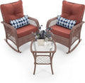 UDPATIO Rocking Chair Outdoor Set 2 with Coffee Table, 3 Piece Wicker Rocking Bistro Set with 4' Water-Resistant Cushions, Oversized, 350lbs Heavy-Duty, for Porch, Patio, Balcony, Brown/Dark Red
