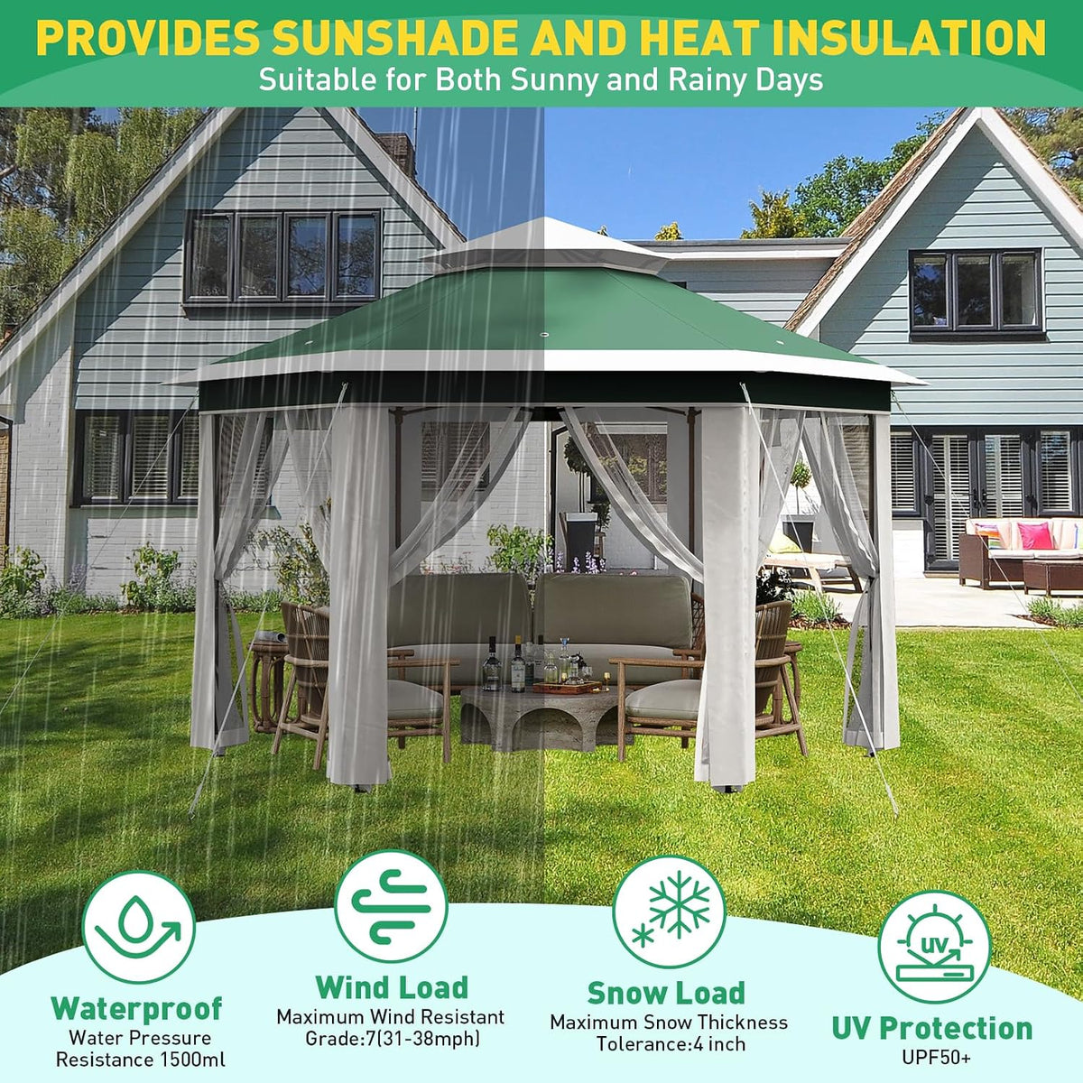 13' x 13' Pop-Up Gazebo, Hexagonal Canopy Shelter with 6 Zippered Mesh Netting, Event Tent with Strong Steel Frame for Backyard, Garden, Lawn, Green and Beige