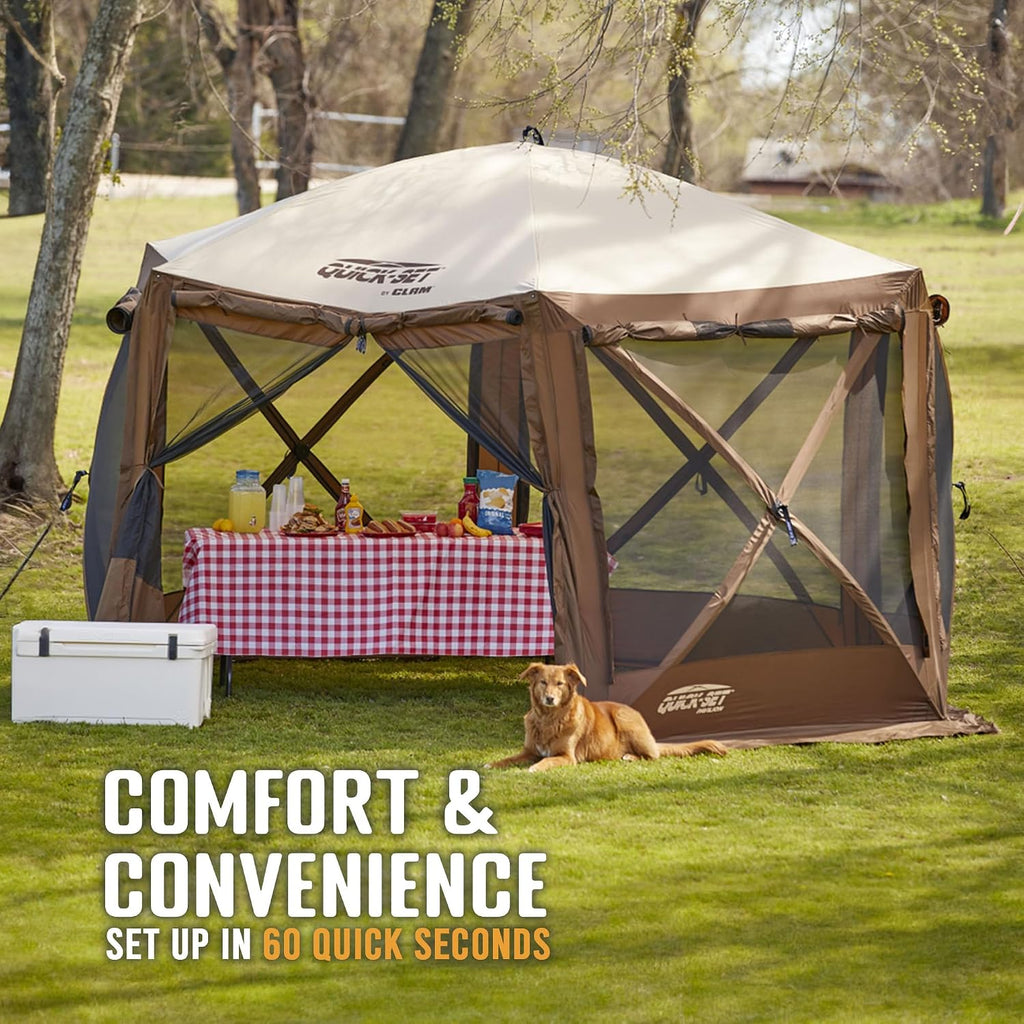 CLAM Quick-Set Pop Up Screen Tent, Pavilion, 12.5 ft, Instant Setup Brown Large Outdoor Gazebo Canopy Shelter, Spacious 8-Person Bug-Free Tent for Parties, Backyard, Camping, Events - Brown