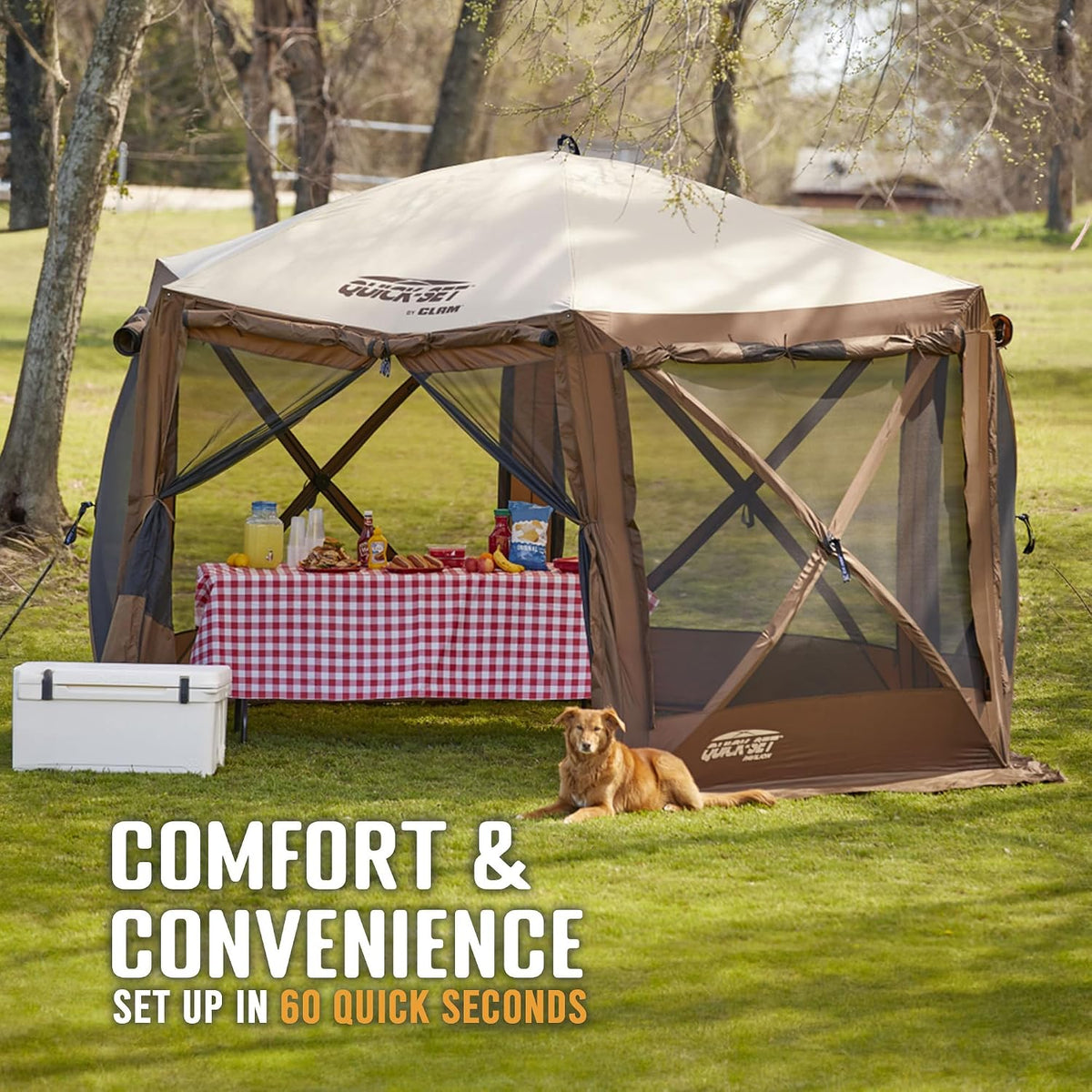 CLAM Quick-Set Pop Up Screen Tent, Pavilion, 12.5 ft, Instant Setup Brown Large Outdoor Gazebo Canopy Shelter, Spacious 8-Person Bug-Free Tent for Parties, Backyard, Camping, Events - Brown