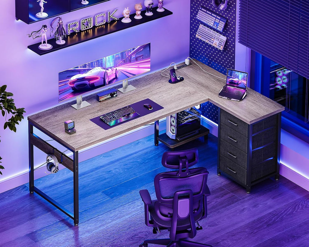 AODK L Shaped Gaming Desk with 4 Drawers, 61' Reversible Home Office Desks with Power Outlets, L Shaped Computer Desk with USB Charging Port and Host Stand, Corner Desk, Easy to Assemble, Grey