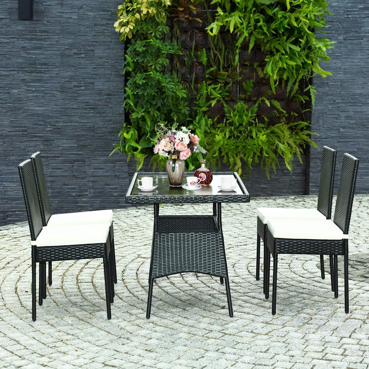 Tangkula 5 Piece Wicker Patio Dining Set, Outdoor Rattan Table & Chairs Set with Tempered Glass Top & Padded Cushions, Patio Furniture Dining Table Set for Balcony Patio Garden Poolside