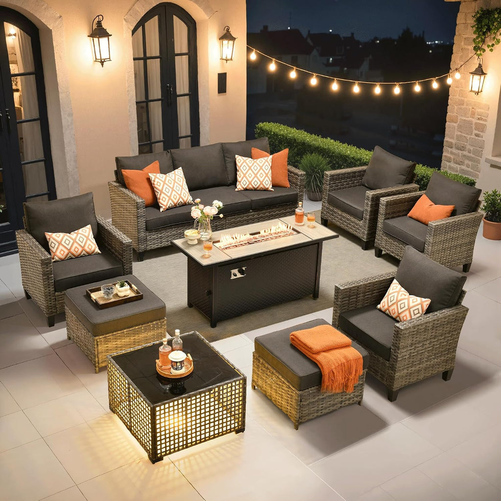 ovios 9 Pieces Patio Furniture Set with 54' Fire Pit Table, Outdoor Sofa Couch with Solar Lights Table Comfy Cushions, Modern Deep Seat Wicker Rattan Conversation Set, Black