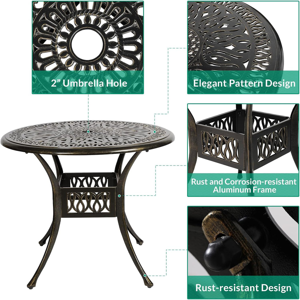 VIVIJASON 5-Piece Outdoor Patio Dining Set, All-Weather Cast Aluminum Conversation Set, Patio Furniture Set Include 4 Cushioned Chairs, a 35.4 inch Round Table w/Umbrella Hole, Navy Blue Cushion