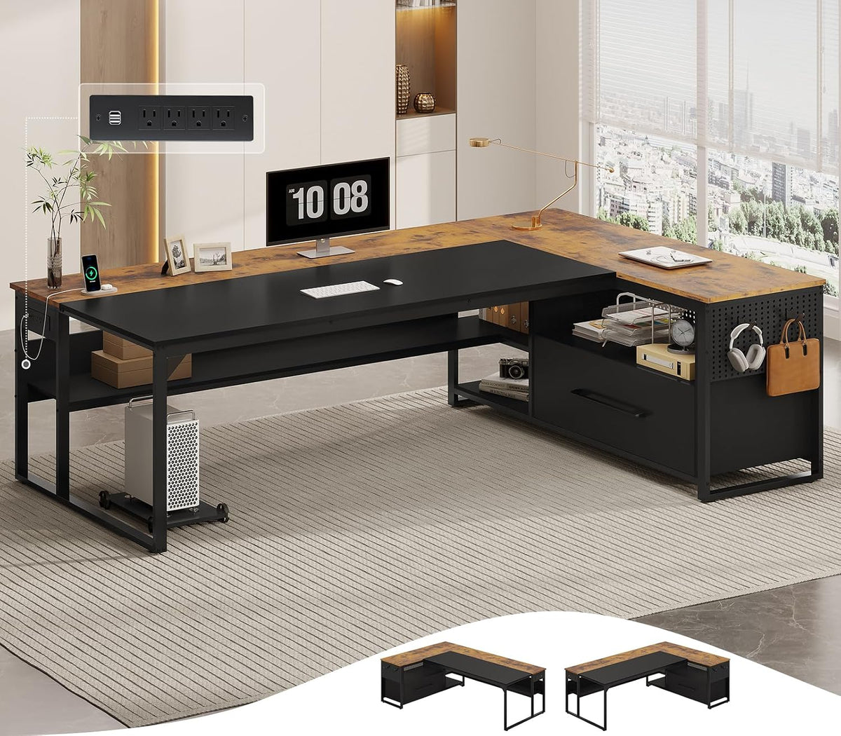 UPOSOJA 71' Executive Desk, Large Office Desk with Widen File Drawers & Power Outlets, Reversible L Shaped Computer Desk Corner Desk with Storage Shelves, CPU Stand, Hooks, Business Furniture