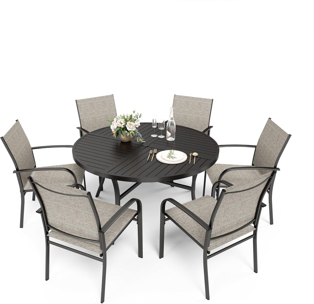 HERA'S HOUSE Round Patio Table and Chairs, 7 Pieces Outdoor Dining Set, All Weather Metal Patio Table Sets with Umbrella Hole, Brown