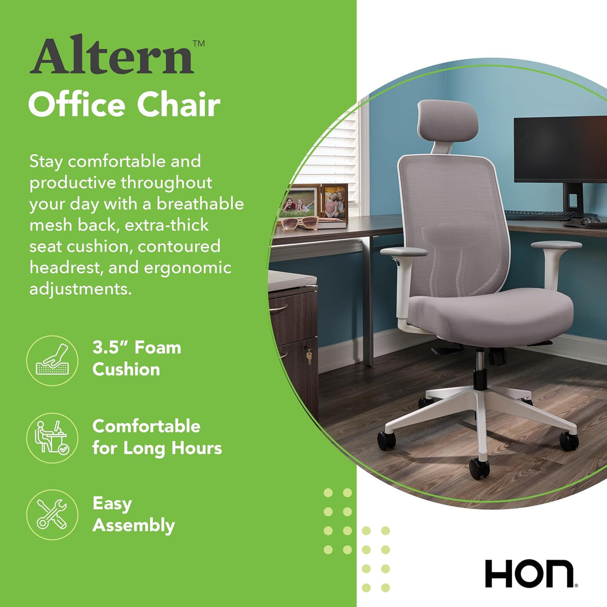 HON Altern Ergonomic Office Chair with Headrest, Arms, Wheels, Foam Cushion Seat, Mid Back Home Office Desk Chair Comfy, Gaming Chair, Height Adjustable Arms, Synchro-Tilt, White Frame, Pear