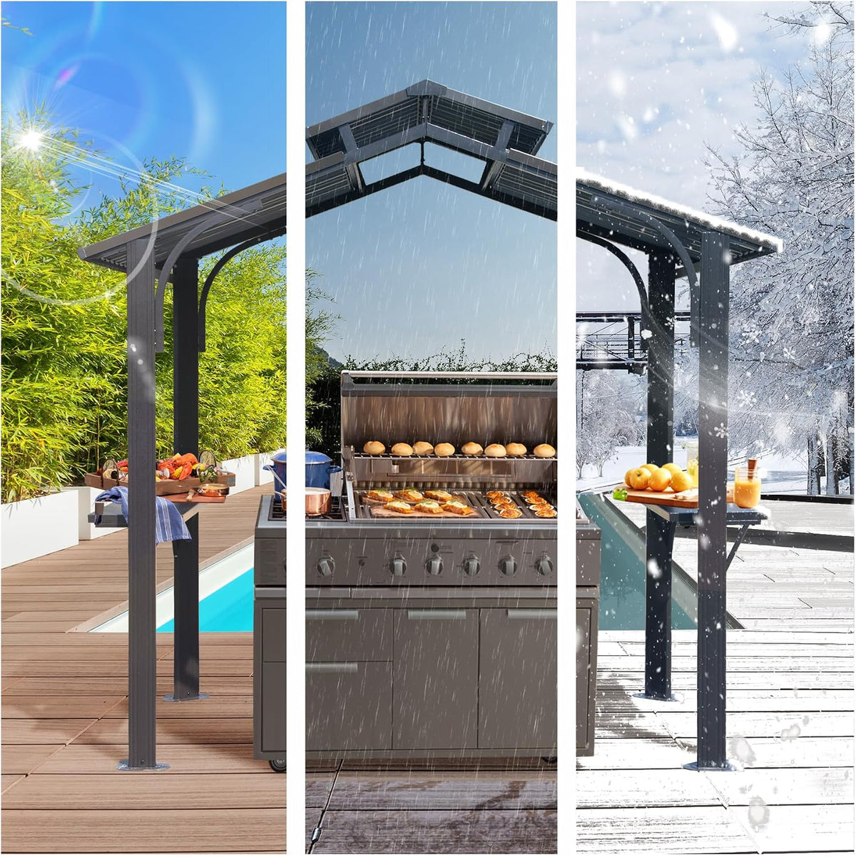 8x5FT Hardtop Grill Gazebo, All-Weather Outdoor Gazebo with 2 Side Shelves and Ceiling Hook, Galvanized Steel Double Roof, Outdoor Metal Grill Canopy for Patio, Backyard, Lawn, Deck – Grey