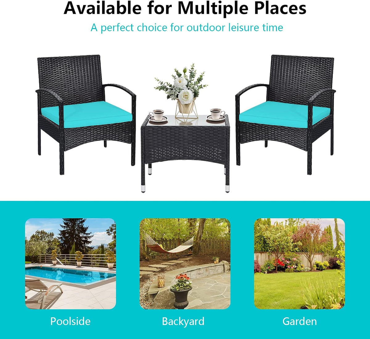 RELAX4LIFE 3-Piece Patio Furniture Set - Rattan Conversation Set, Wicker Bistro Set w/2 Chairs, Glass Coffee Table, Steel Frame, Outdoor Chairs Set for Yard Balcony, Front Porch Furniture (Turquoise)