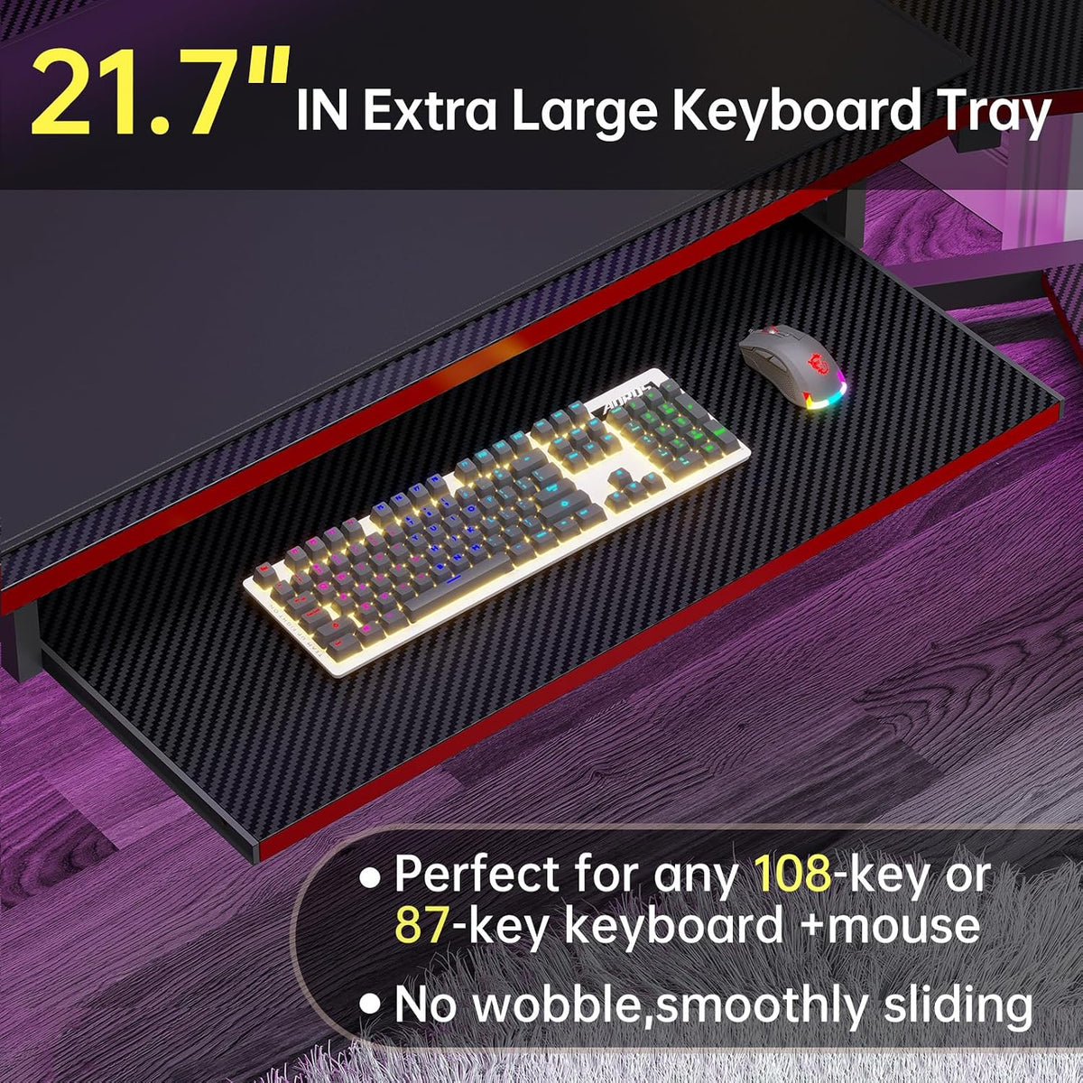 SEDETA 79' Gaming Desk, Computer Desk with 2 Fabric Drawers & LED Light, L Shaped Gaming Desk with Storage Shelf for Home Office, Carbon Fiber Black&Red