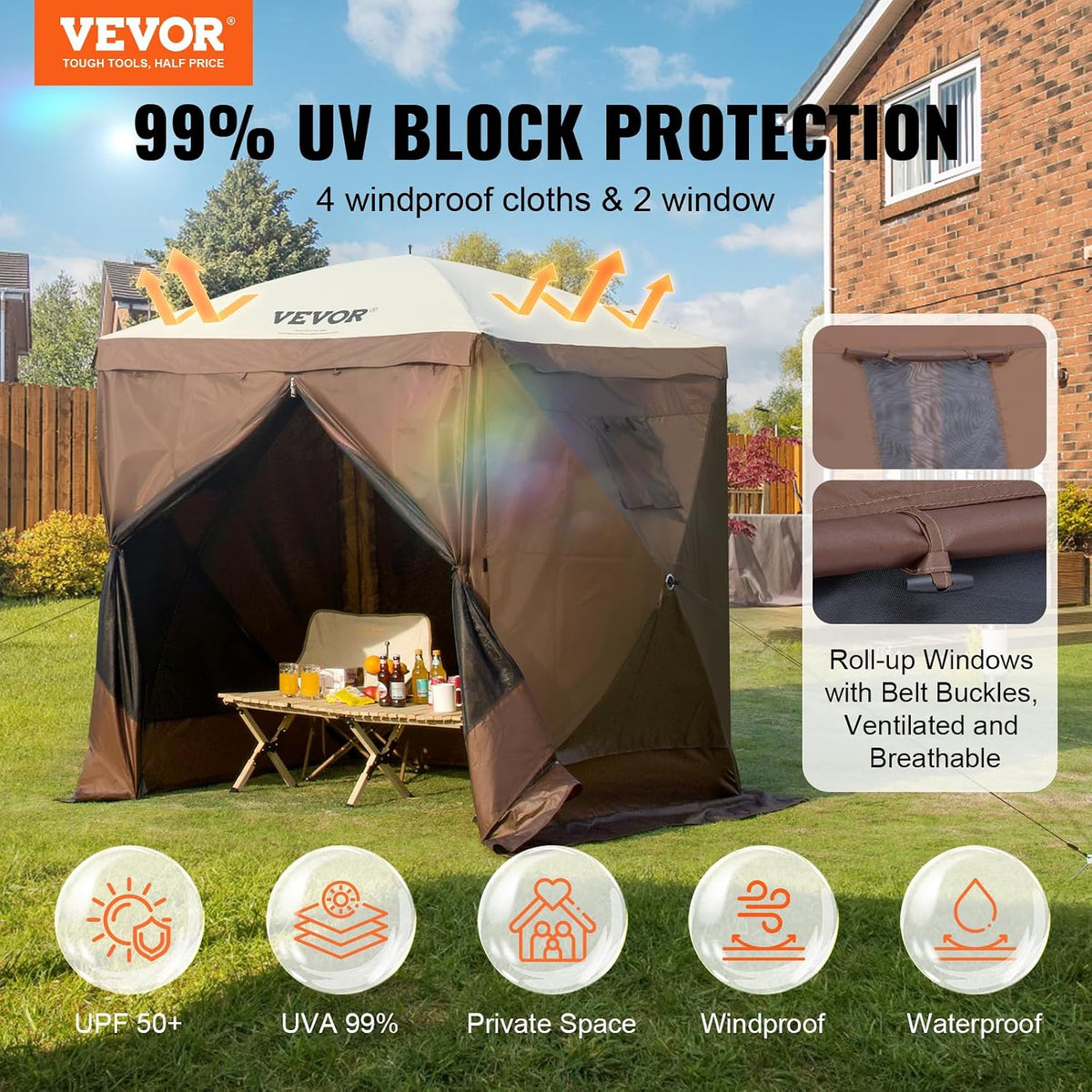 VEVOR Pop Up Gazebo Tent, Pop-Up Screen Tent 4 Sided Canopy Sun Shelter with 4 Removable Privacy Wind Cloths & Mesh Windows, 6x6FT Quick Set Screen Tent with Mosquito Netting, Brown