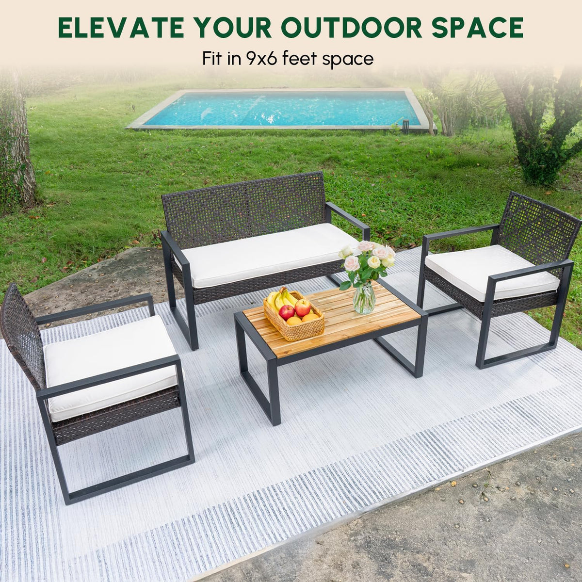 BEEFURNI Wicker Patio Furniture Outdoor Conversation Set of 4, Rattan Outdoor Furniture Set, Acacia Wood Table, 2 Chairs, 1 Loveseat, 2' Cushions, All Weather Set for Patio, Porch, Balcony (Black)