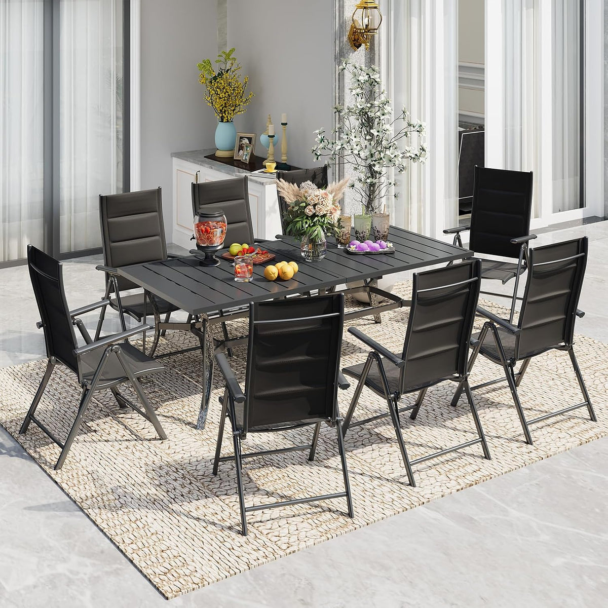 BUPPLEE 9-Piece Outdoor Dining Set with 8 Padded Aluminum Foldable Chairs & Rectangular Table with Umbrella Hole - Patio Furniture for Backyard, Balcony, Poolside