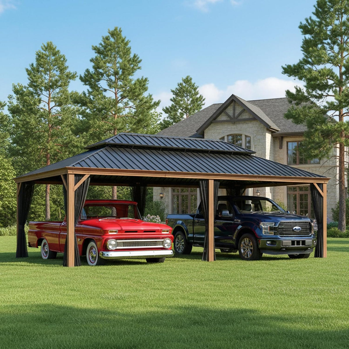 PURPLE LEAF 14' X 24' Outdoor Hardtop Gazebo for Patio Galvanized Steel Double Roof Permanent Canopy Teak Finish Coated Aluminum Frame Pavilion Gazebo with Netting