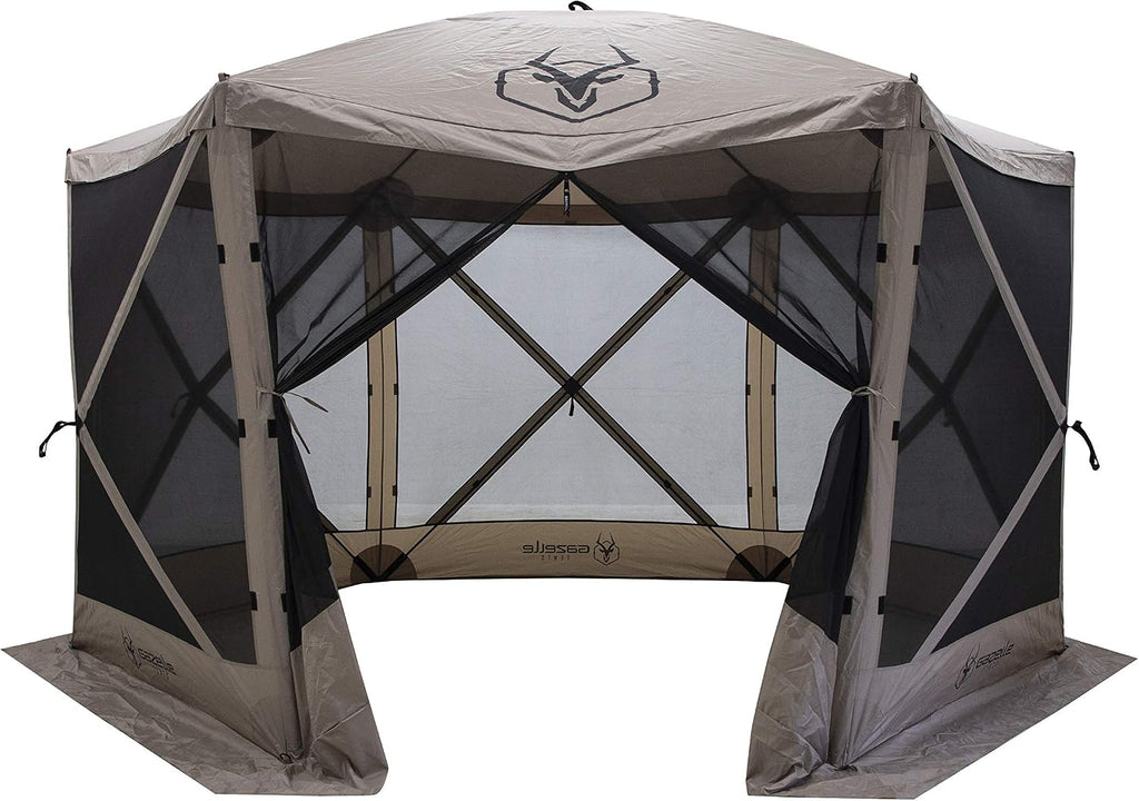 Gazelle Tents™, G6 6-Sided Portable Gazebo, Easy Pop-Up Hub Screen Tent, Durable, TriTech Mesh, Waterproof, UV Resistant, 8-Person & Table, Desert Sand, 86' x 124' x 124', GG602DS