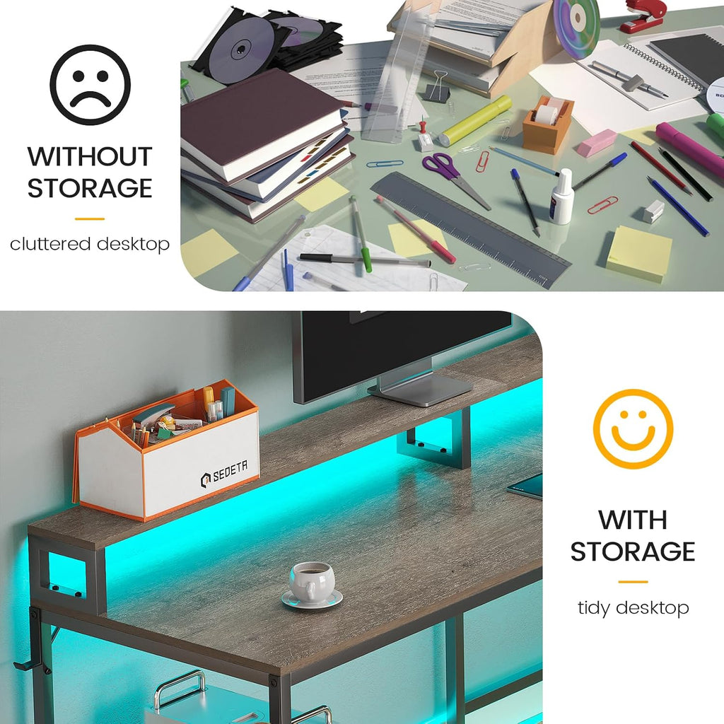 SEDETA L Shaped Desk, 66' Home Office Desk with Wood File Drawer, Power Outlet, Corner Computer Desk with Monitor Shelf, Printer Storage Shelves, Gaming Desk with Led Lights, Two Person Desk, Walnut