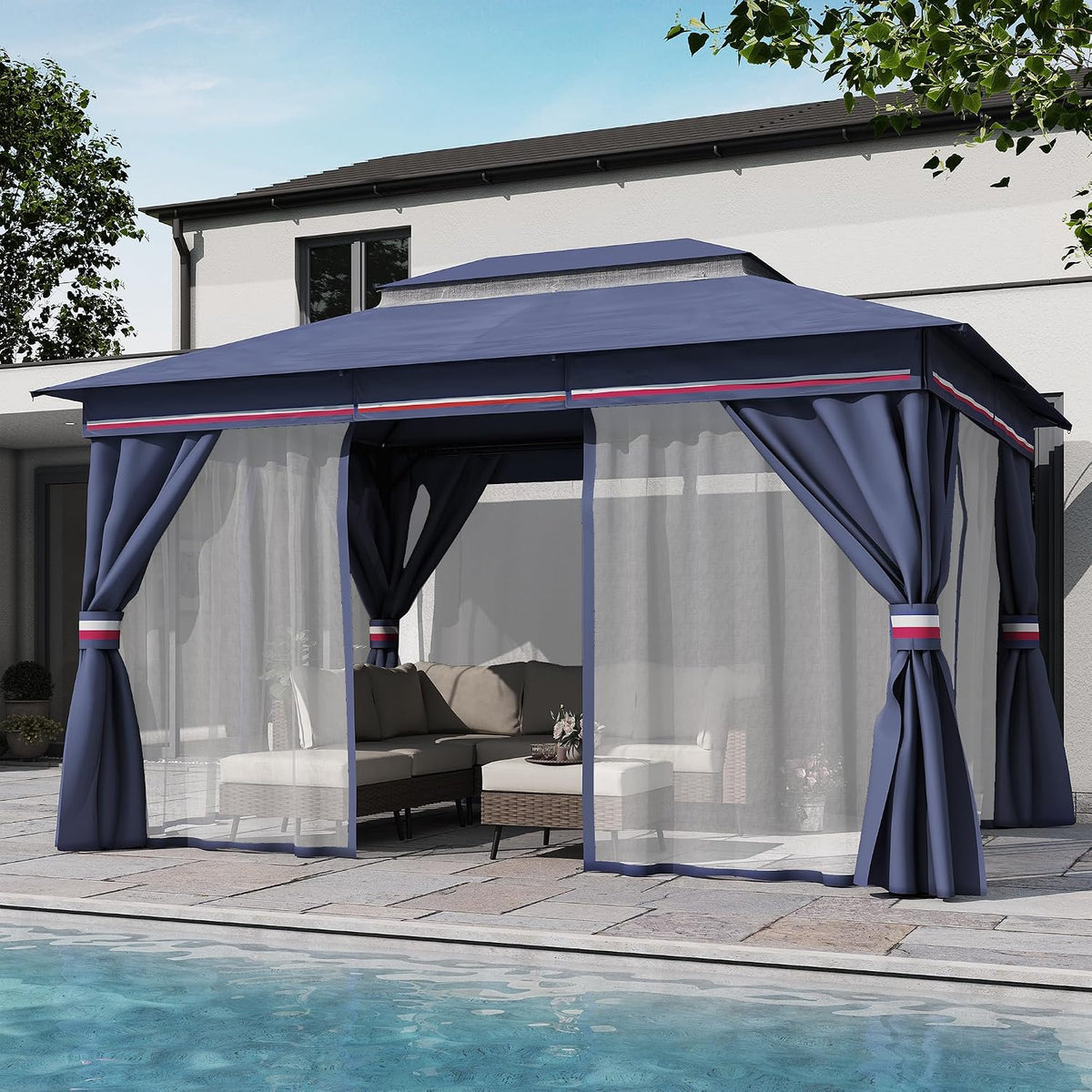 LAUSAINT HOME Patio Gazebo 10'x13', Outdoor Heavy Duty Party Tent Shelter with Double Roofs, Mosquito Nettings and Privacy Screens for Backyard, Garden, Lawn, Classic Blue