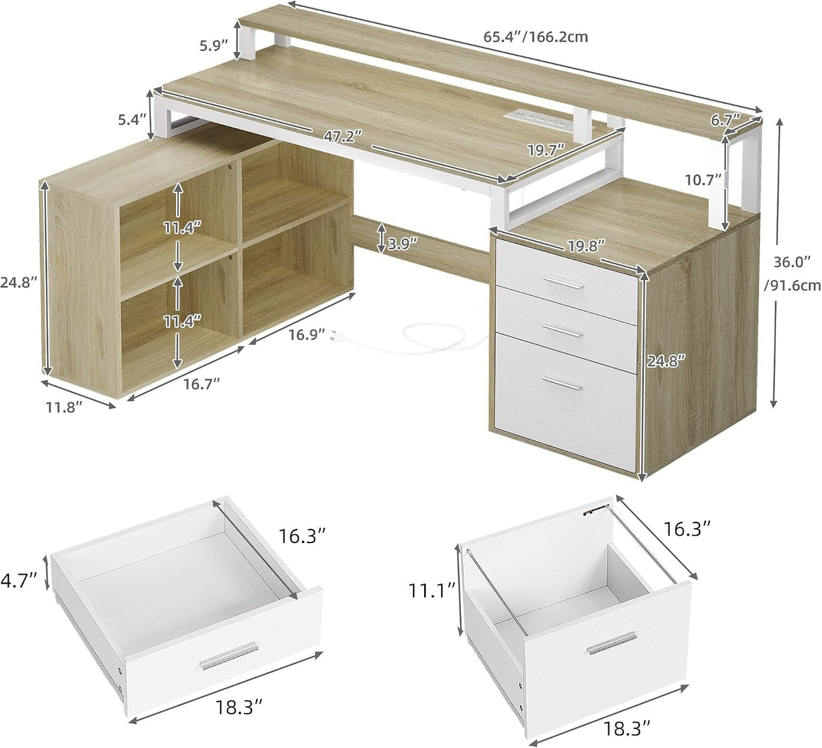 DWVO L Shaped Desk with Drawers, 65' Computer Desk with Power Outlets & LED Lights, Corner Home Office Desk with Storage Shelves & Printer Stand, White & Oak