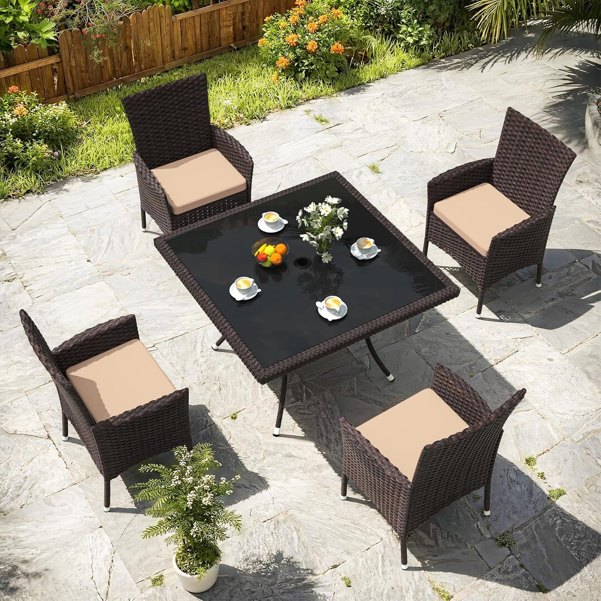 Gotland 5 Piece Outdoor Dining Set, All-Weather Rattan Patio Furniture Set with Umbrella Hole Tempered Glass Square Table, Outdoor Table and Chairs with Removable Cushions for Backyard, Deck, Sand