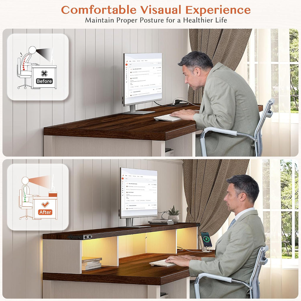 EnHomee Computer Desk with Drawers,23' D Home Office Desk with Storage,Wooden Desk with Monitor Stand,Farmhouse Desk with Printer Space and Power Outlets for Studio,Work, Study,Writing&Gaming,White