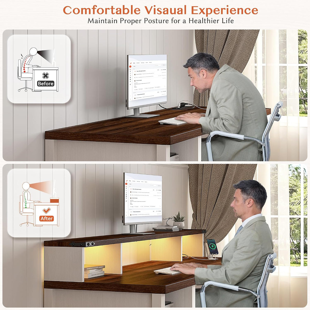 EnHomee Computer Desk with Drawers,23' D Home Office Desk with Storage,Wooden Desk with Monitor Stand,Farmhouse Desk with Printer Space and Power Outlets for Studio,Work, Study,Writing&Gaming,White