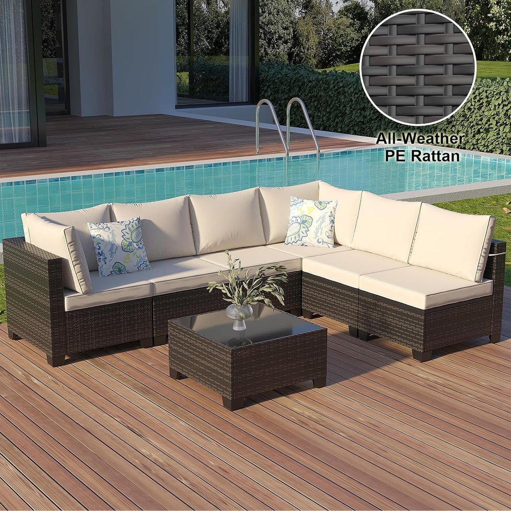 7 Pieces Patio Furniture Set, Outdoor Sectional Rattan Sofa Set, Wicker Patio Conversation Set with Cushions and Glass Coffee Table, for Balcony, Porch, Garden, (Brown/Beige)