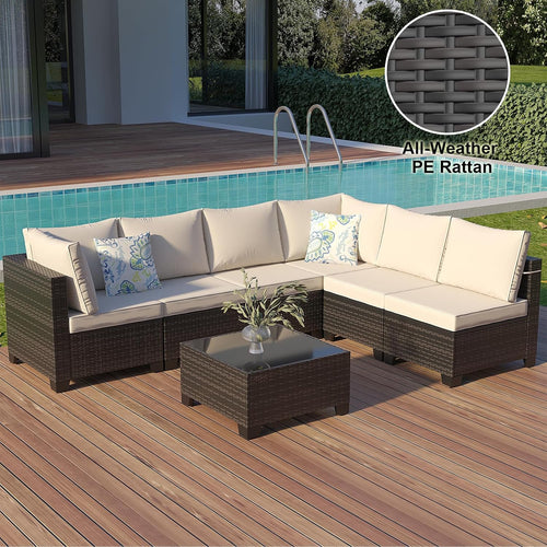 7 Pieces Patio Furniture Set, Outdoor Sectional Rattan Sofa Set, Wicker Patio Conversation Set with Cushions and Glass Coffee Table, for Balcony, Porch, Garden, (Brown/Beige)
