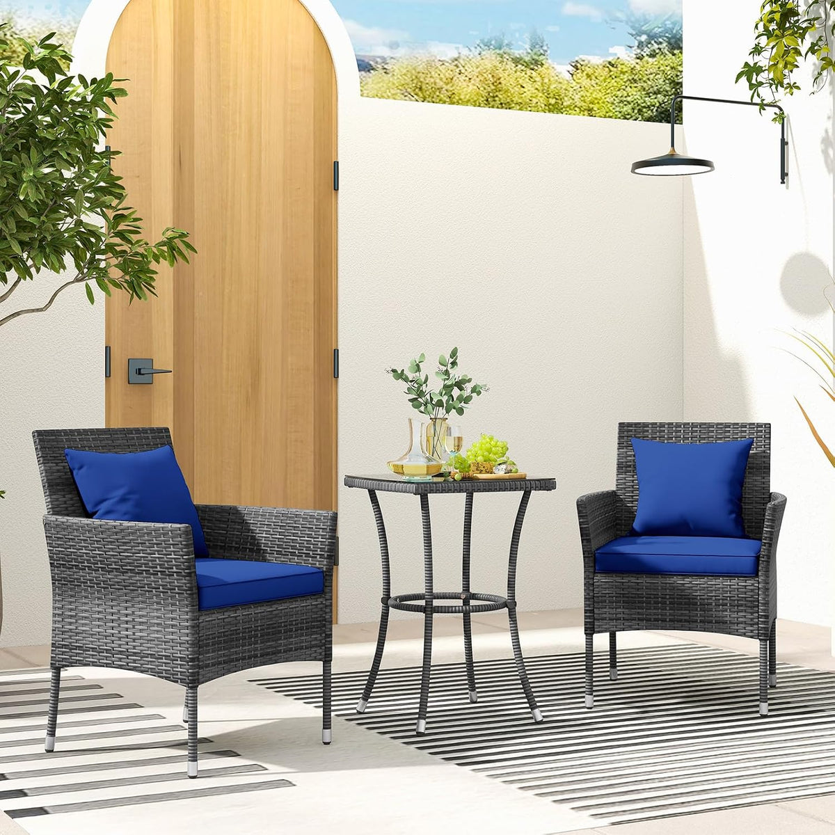 KOTEK 3 Pieces Patio Furniture Set, PE Rattan Outdoor Conversation Set with Tempered Glass Table & Soft Cushions, Wicker Bistro Set for Garden, Porch, Balcony (Navy)