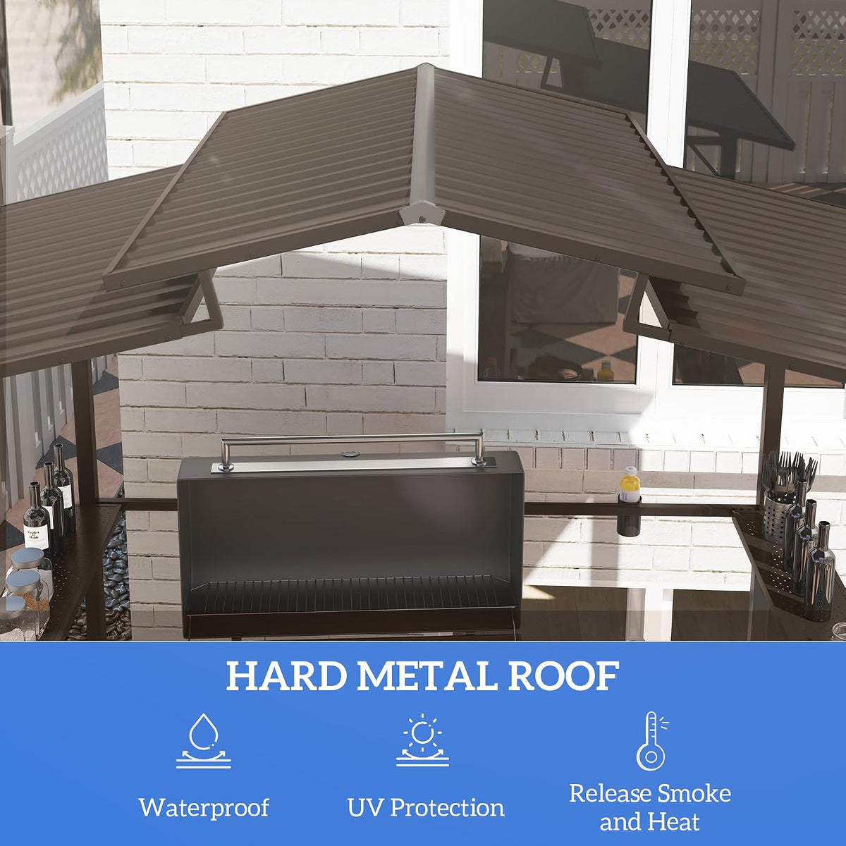 Outsunny 8' x 5' Hardtop Grill Gazebo with Double Metal Roof, 2 Side Shelves and 4 Cup Holders, Outdoor BBQ Gazebo, Grill Canopy for Patio Backyard Lawn Deck