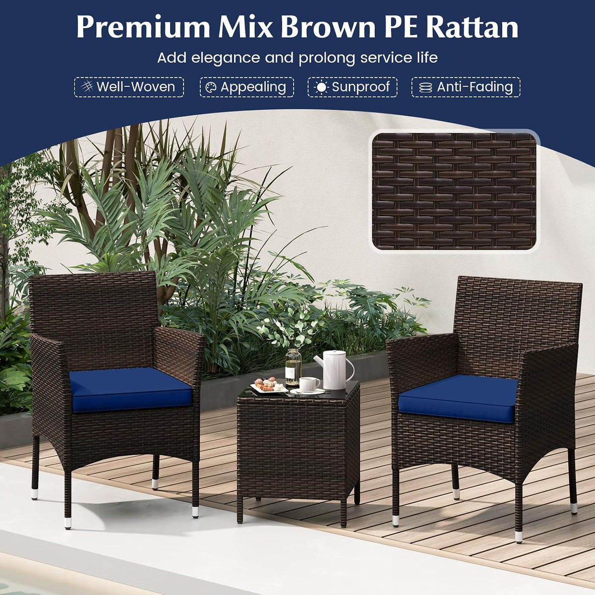 KOTEK 3 Piece Patio Furniture Set, Outdoor Wicker Patio Chairs with Soft Cushions & Tempered Glass Top Table, PE Rattan Bistro Set for Porch, Garden, Balcony (Navy)