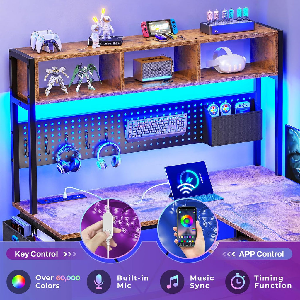 SEDETA L Shaped Gaming Desk with Hutch, 57.5' Reversible Corner Computer Desk with Storage Shelves, Gaming Desk with Pegboard, LED Lights, Power Outlet, Keyboard Tray (Rustic Brown)