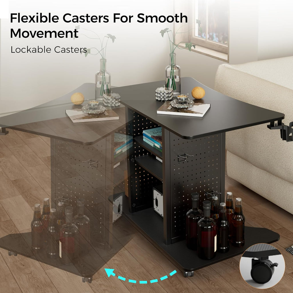 EUREKA ERGONOMIC Gaming Desk Computer, 37' Rolling Desk on Wheels for Small Space, Mobile Computer Cart with Pegboards Adjustable Shelves for Gaming PS Switch Home Office - Black