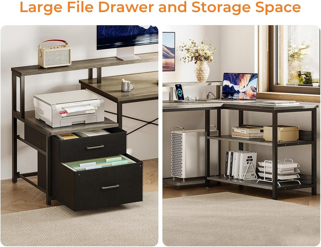 ODK 75' L Shaped Desk with File Drawers, Work from Home Office Desk with Power Outlet, Reversible Computer Desk with Storage Shelves, Gaming Desk with Monitor Shelf, Corner WFM Table, Grey Oak