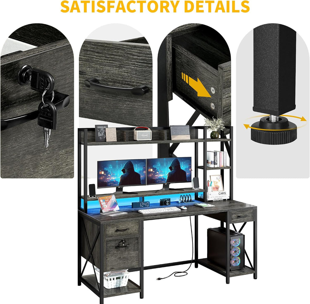 DWVO Computer Desk with Drawers & Hutch, 59.1' Office Desk with Power Outlets & LED Lights, Home Office Desk with Storage Shelves, Grey