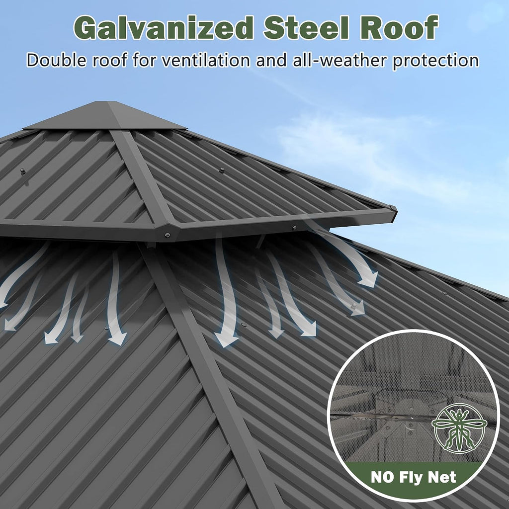 10'x10' Hardtop Wood Gazebo, Outdoor Double Roof Galvanized Steel Top Gazebo with Wooden Post, Curtains & Netting for Backyard, Patio, Deck (10x10 FT)