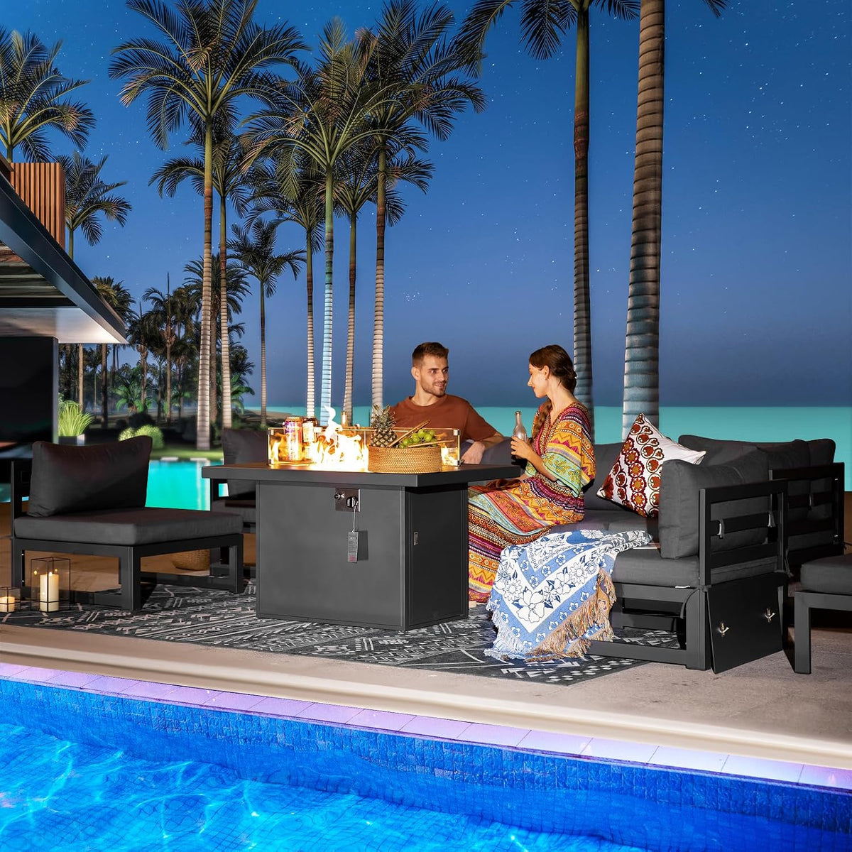 RADIATA 9 Pcs Modern Aluminum Outdoor Patio Furniture Set with Fire Pit Table Propane/Gas, Extra Large All-Weather Modular Sectional Couch, 29' Wide Deep Seating Conversation Sofa for Deck, Dark Grey