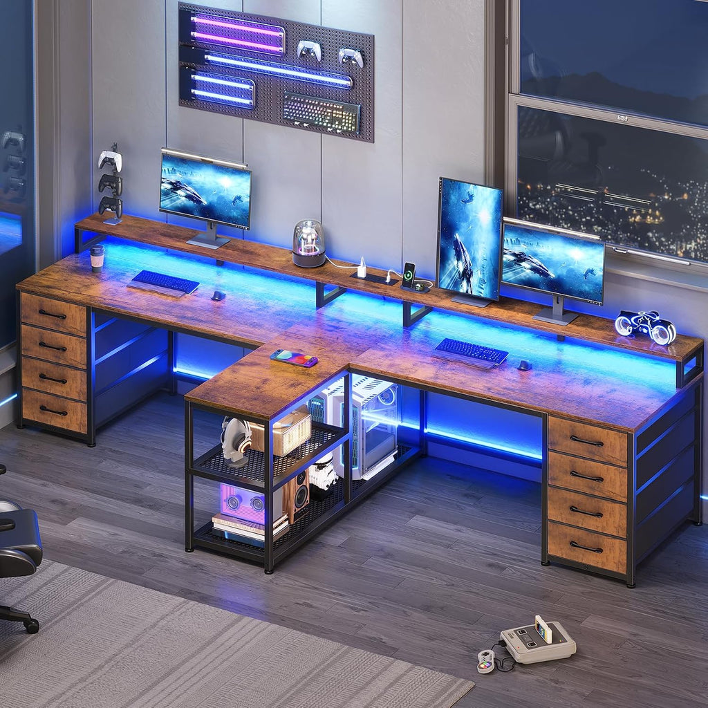 SEDETA 94.5' 2 Person Gaming Desk, Long Office Computer Desk with 8 Drawers & LED Lights, Two Person Desk with Storage, Power Strip & Monitor Stand for Home Office, Rustic Brown