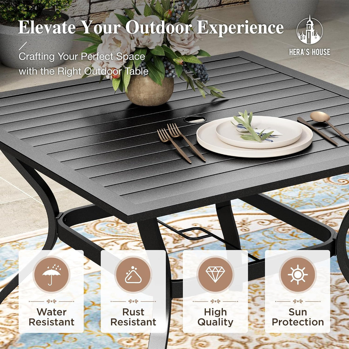 HERA'S HOUSE Patio Table and Chairs for 4, 5 Pieces Outdoor Deck Dining Sets, Square Metal Table Set with Chairs for Lawn Garden Backyard, Brown