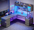 SEDETA L Shaped Gaming Desk with Drawers, Reversible Computer Corner Desk with File Drawer, Hutch, Storage Shelves for Home Office, Gaming Two Person Desk with Led Lights, Power Outlet, Grey