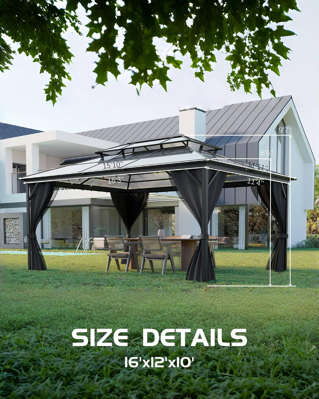 GarveeLife Hardtop Gazebo 12 ft x16 ft for All Weather, Double Polycarbonate Sheets Roof, Aluminum Alloy Frame, Net, and Curtain, Permanent Building for Patio, Deck, Backyard, Lawn, and Garden