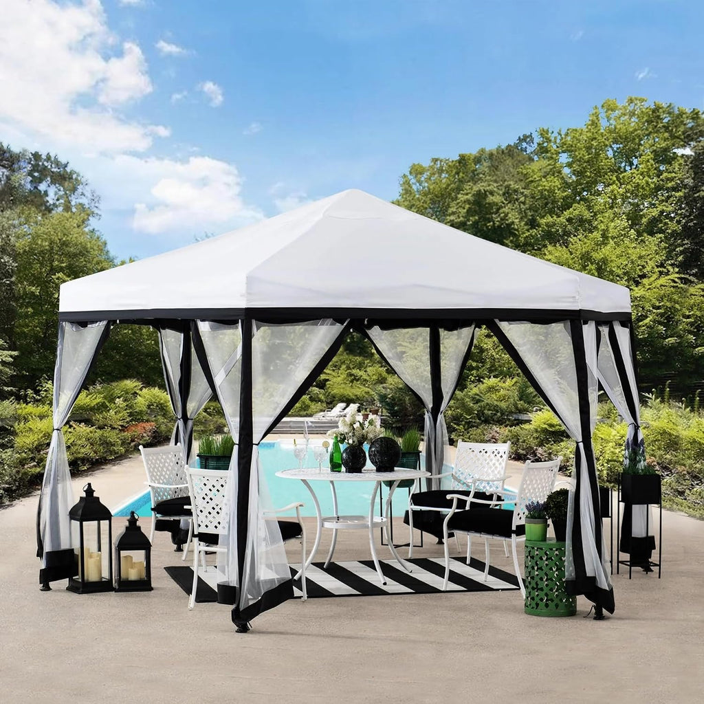 SUNJOY 11x11 ft. Pop Up Gazebo, 2-Tone Portable Canopy/Tent, Outdoor Hexagon Steel Frame Soft Top Gazebo with Mesh Sidewalls and Carry Bag, White & Black