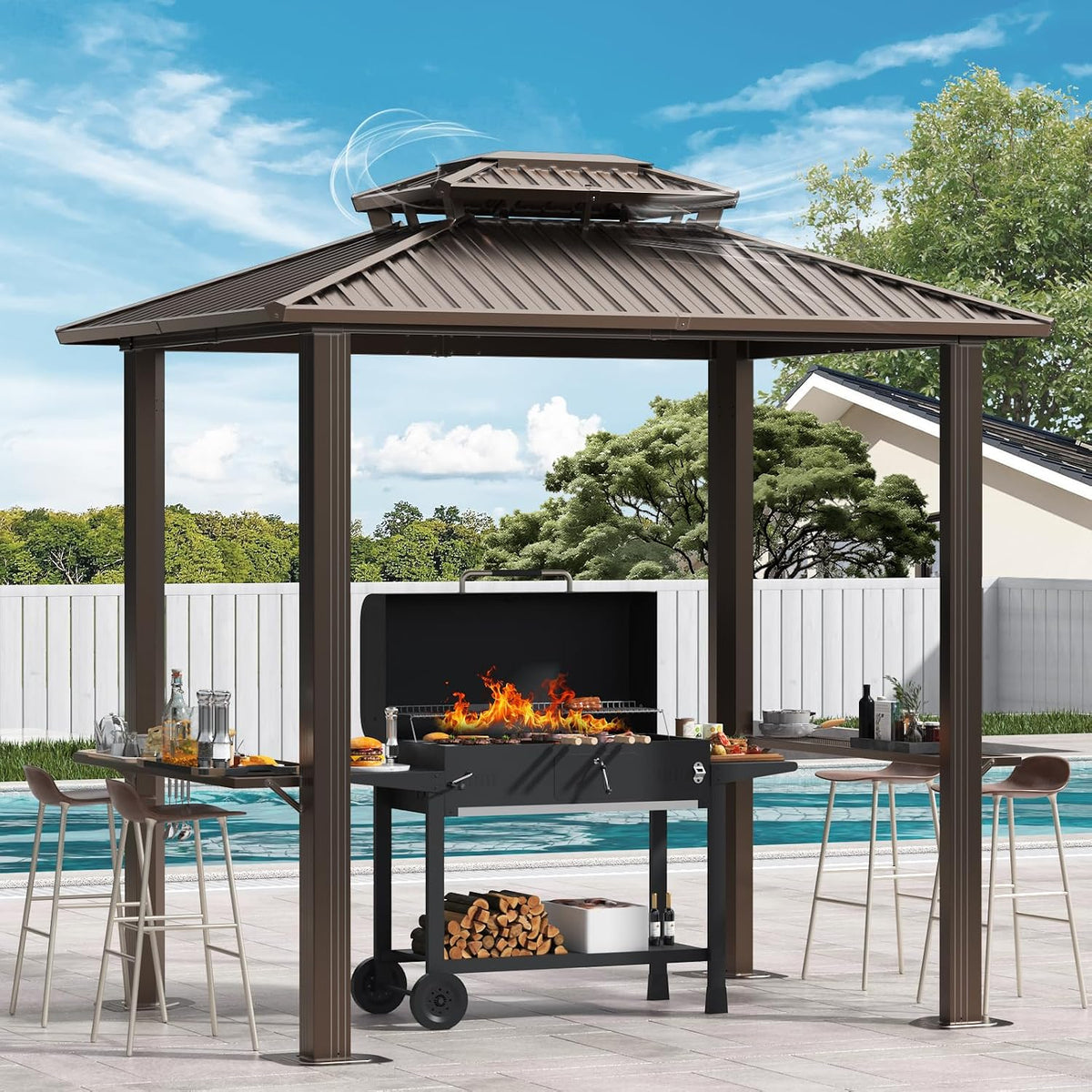Hoteel 6x8ft Hardtop Grill Gazebo, Outdoor Patio Aluminum Frame Barbecue Gazebo with Galvanized Steel Double Roof and 2 Side Shelves for Deck Lawn Backyard Garden and Party, Brown(2026 Version)