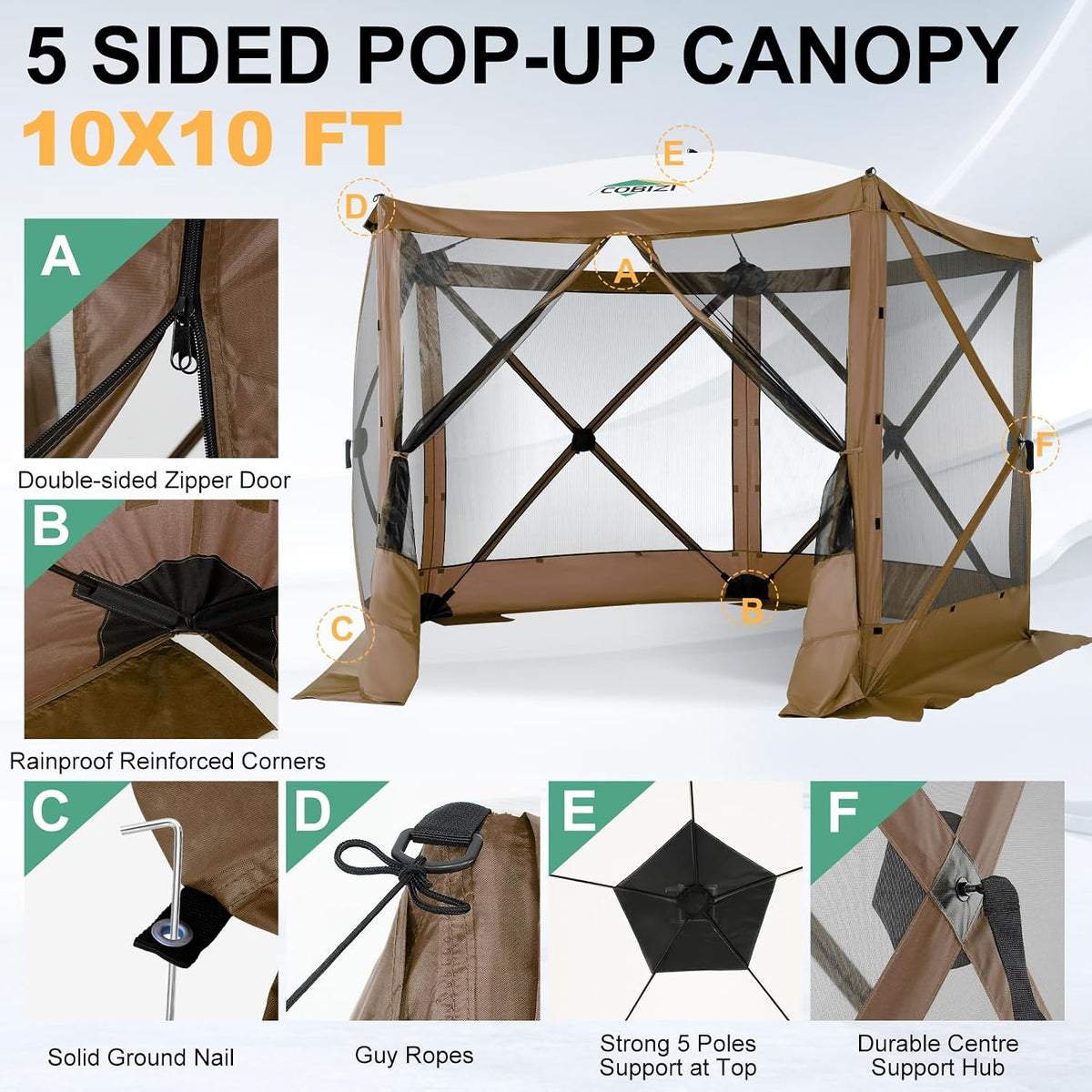 COBIZI 10x10 FT Pop up Gazebo, Popup Canopy Tent, Screened in Gazebos, Waterproof Portable Outdoor Small Screen Tents Sun Shelter,carpas para Patio for Camping, Garden and Backyard,Brown