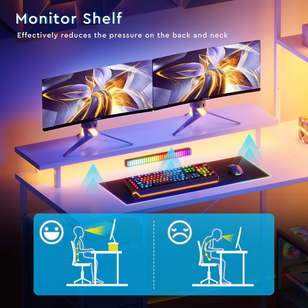 Maihail L Shaped Gaming Desk with Shelves,Reversible Computer Gaming Desk with LED Lights and Charging Station,Home Office Corner Desk with Monitor Stand,White