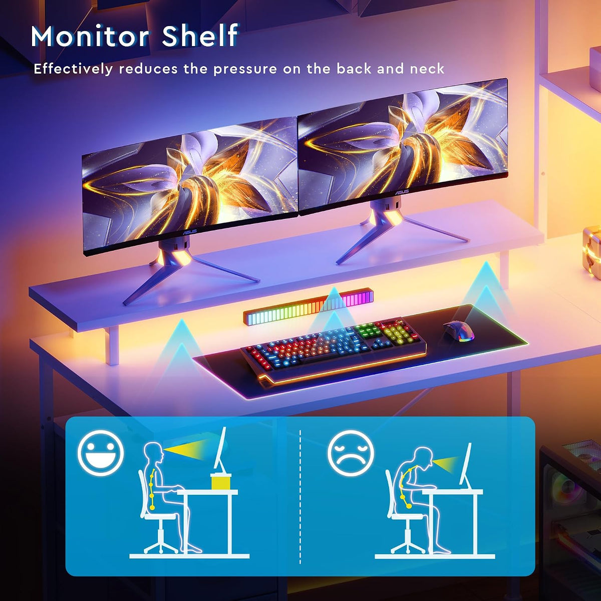 Maihail L Shaped Gaming Desk with Shelves,Reversible Computer Gaming Desk with LED Lights and Charging Station,Home Office Corner Desk with Monitor Stand,White