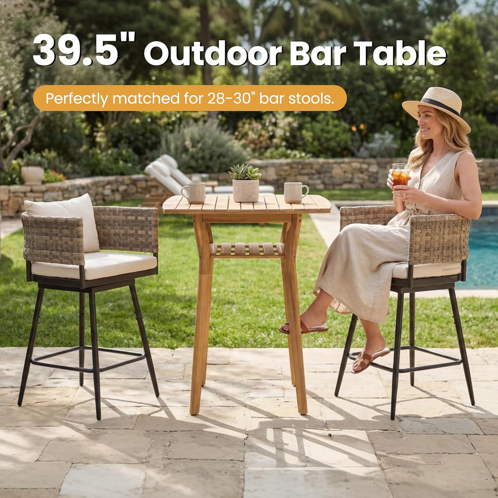 Outdoor Bar Table, Solid Acacia Wood Patio Bar Table, 39.5' High Top Pub Table for Patio, Counter Height Bistro Table for Balcony/Backyard/Deck, Natural