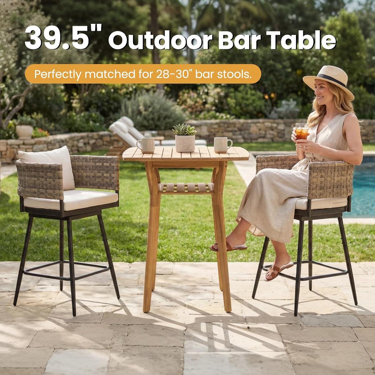 Outdoor Bar Table, Solid Acacia Wood Patio Bar Table, 39.5' High Top Pub Table for Patio, Counter Height Bistro Table for Balcony/Backyard/Deck, Natural