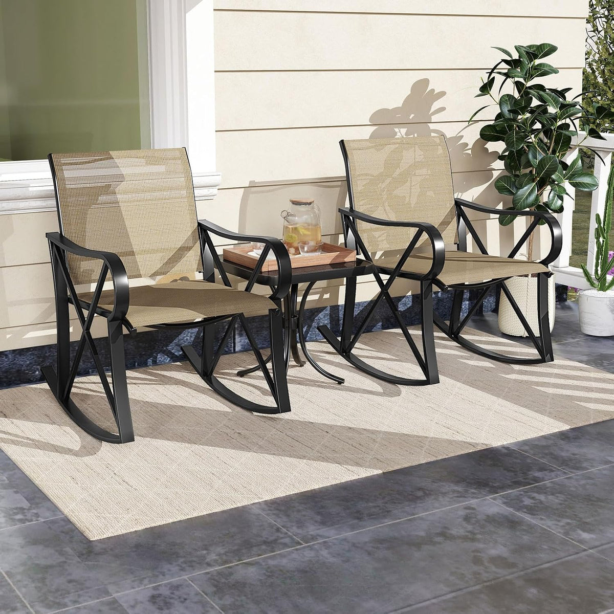 HAPPYGRILL 3-Piece Patio Rocking Bistro Set Rocker Chairs Set with Side Table, Outdoor Conversation Furniture Set with Metal Frame for Porch, Garden, Backyard, Balcony (Brown)