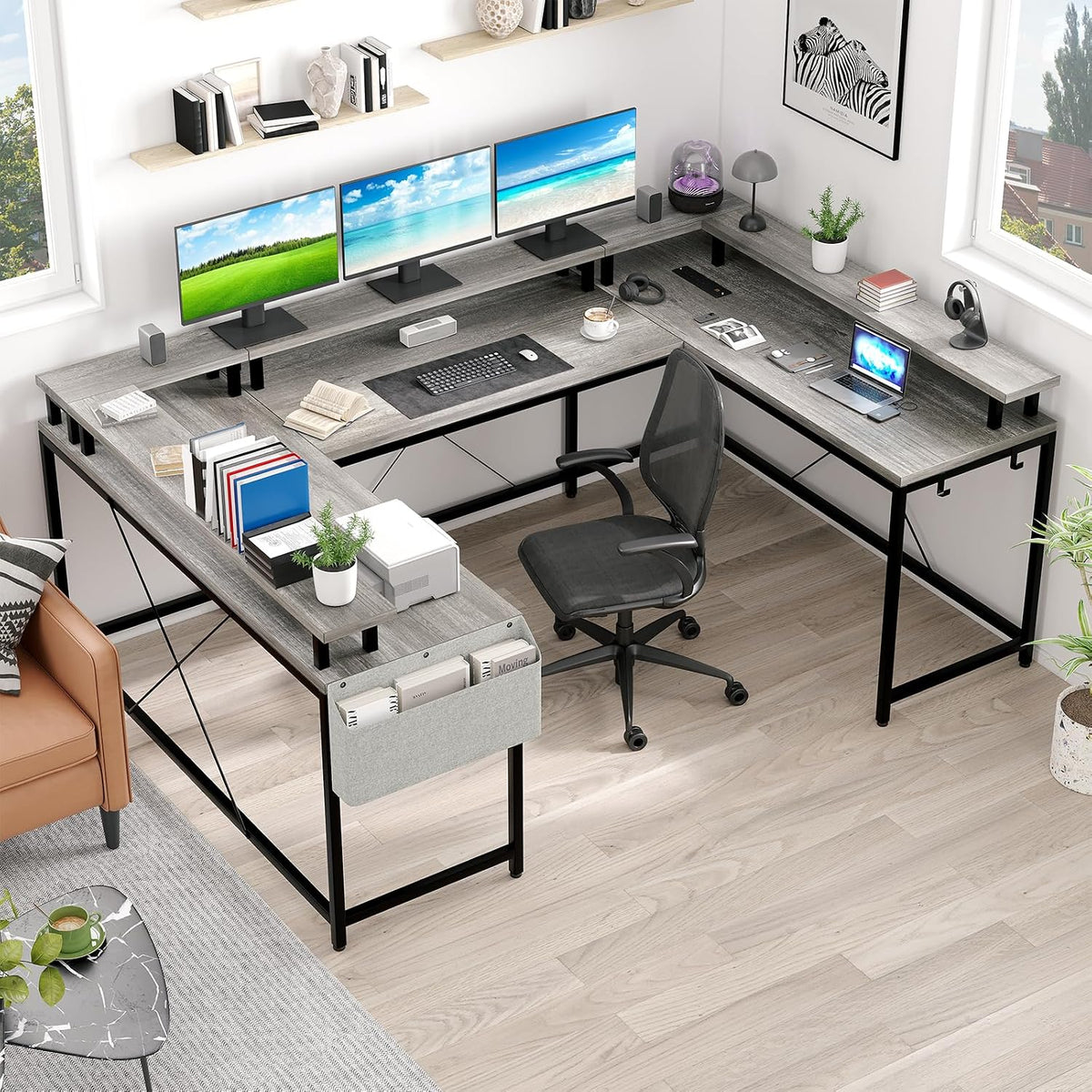 Jojoka U Shaped Computer Gaming Desk, Reversible L Shaped Desk with Power Outlets, LED Strip & Monitor Stand, Large Corner Desk with Storage Shelves for Home Office, Grey Oak